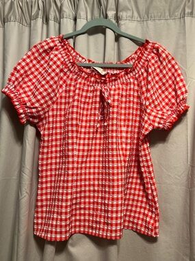 Red Gingham Peasant Blouse with Tie Neck